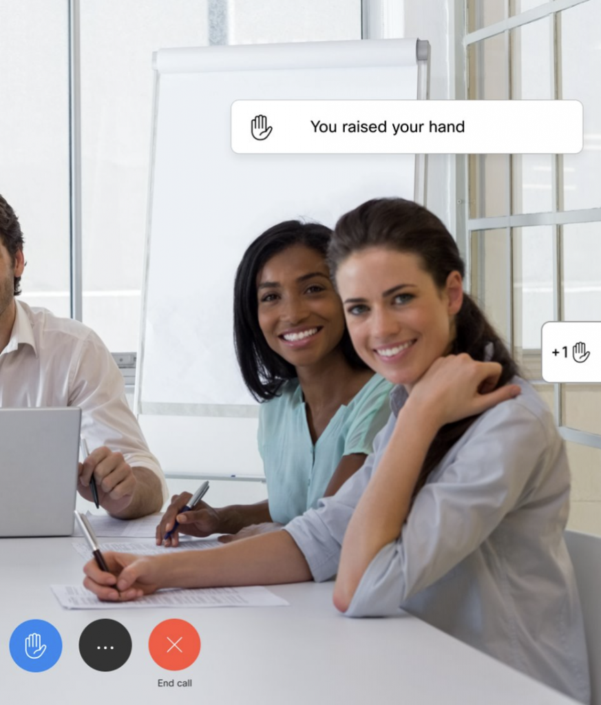Two women in meeting using the raise hand feature in Webex