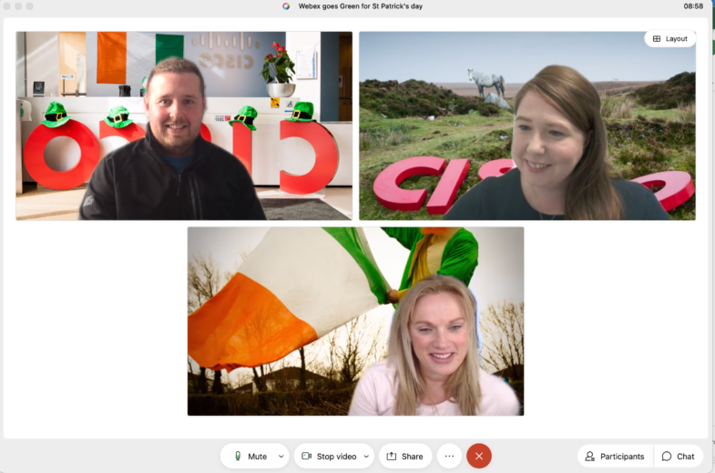 Co-workers at Cisco using Irish backgrounds in their meeting