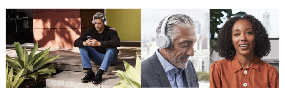 sitzender Mann auf einer Treppe, Mann mit einem Cisco-Headset und lächelnde Frau