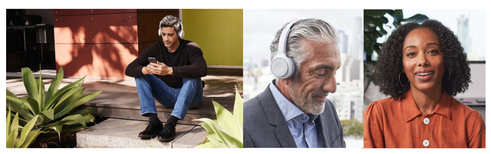 man sitting on stairs, man wearing cisco headset, and woman smiling