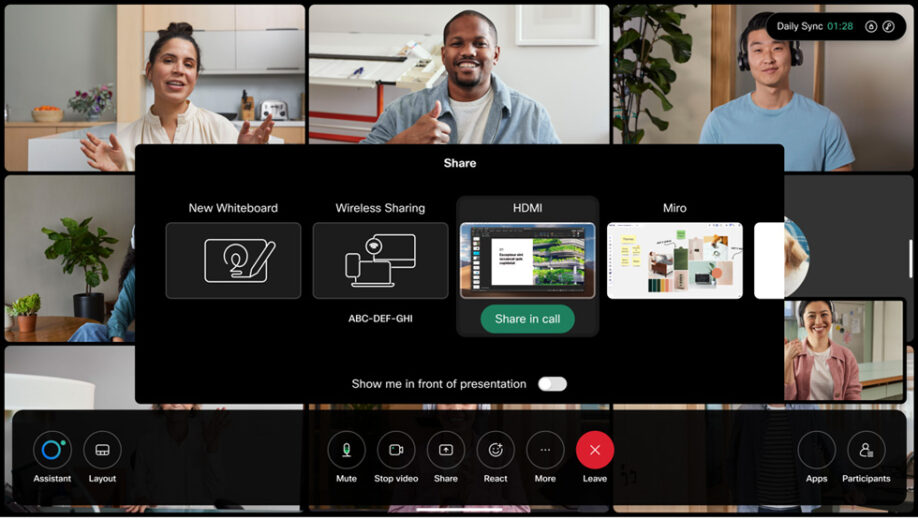 Webex App Call Layout, With Options To Whiteboard Or Share Screen