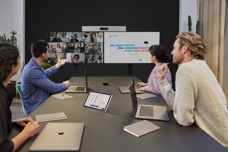 Pictured above: Video conferencing and screen sharing with the Webex Room Kit Plus.