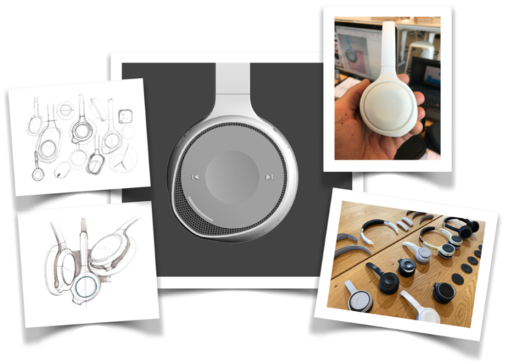 Esboços e fotografias de design de fone de ouvido.