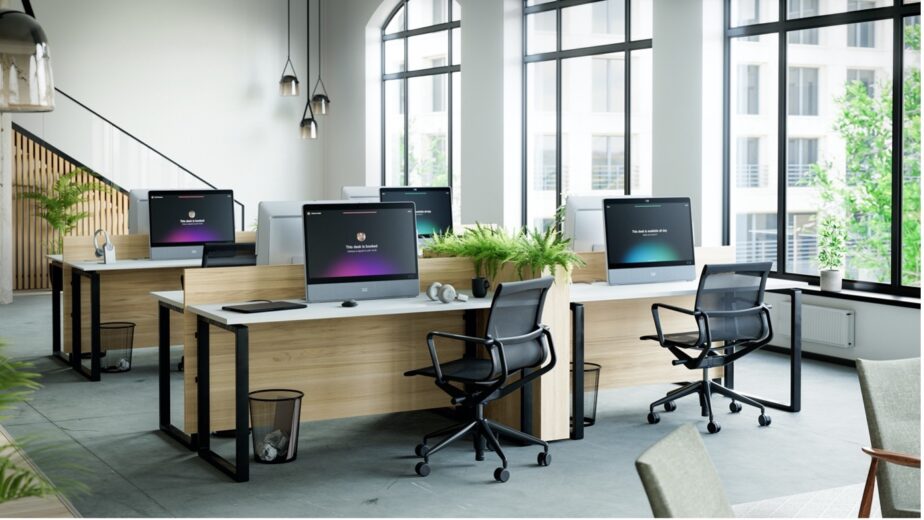 An image of an open office environment set up for hot desking