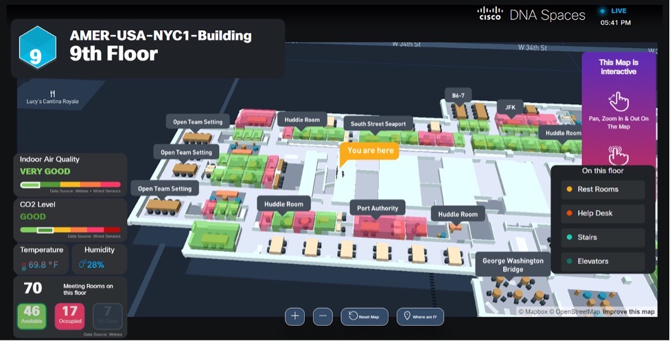 Representação visual do layout de trabalho híbrido do escritório da Cisco em Nova York. Mostra temperatura, qualidade do ar e outras medidas.