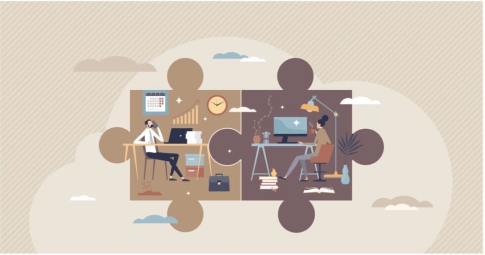 Imagem animada mostra duas pessoas em diferentes ambientes de trabalho híbridos
