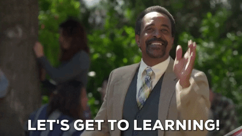 A gif shows a person saying "Let's get to learning!"