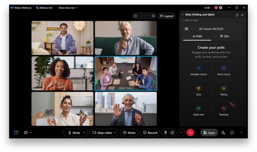 The Webex Webinars interface, showing 6 video conferencing panels on the left and an audience poll on the right