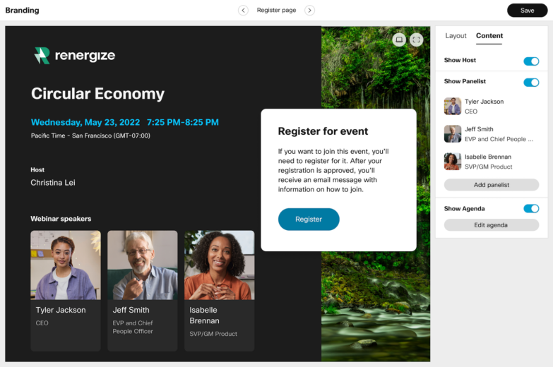 Uma página de inscrição para se inscrever em um webinar sobre economia circular. Mostra os 3 palestrantes principais, a data e a hora.