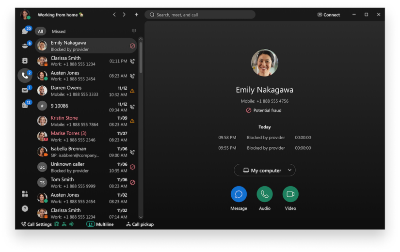The cloud calling interface shows missed calls on the left and incoming potential fraud call on the right