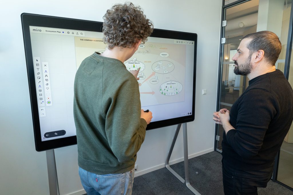 Zwei Mitglieder des Designit-Teams arbeiten gemeinsam mithilfe von Miro auf einem Webex Board an einem Projekt