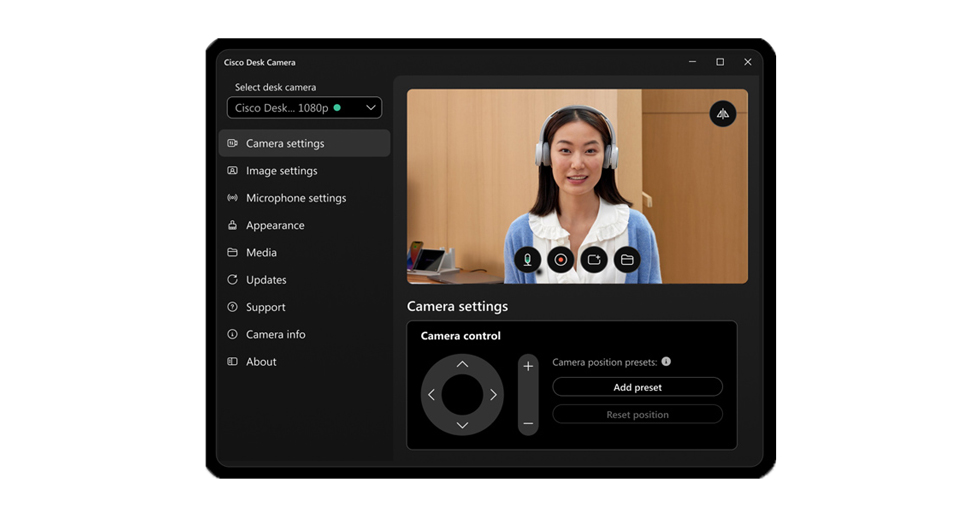 Return To The Office With The Cisco Desk Camera App. Desc: interface shows a settings panel on the left and a video preview screen on the right
