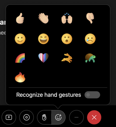 Webex interface with Pride heart and rainbow emojis