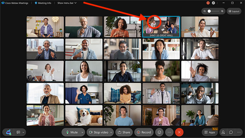 Webex interface featuring 25 participant squares, with one square highlight as it shows multiple people that can barely be seen