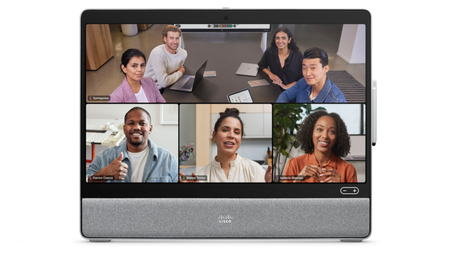 Webex Desk Hub With People Focus Update, Displaying Large Group Meeting On Top Half Of The Screen And The Three Individuals Positioned In The Bottom Half Of The Screen 
