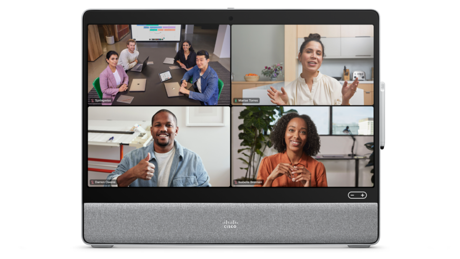 Webex Desk Hub Before People Focus Update, Showing Four Quadrants with three users and a group meeting in the top left corner 