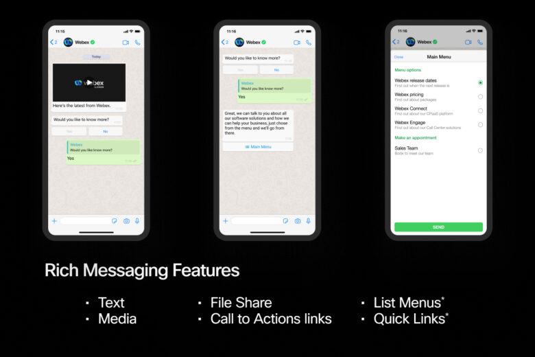Webex App With WhatsApp Business API, Showing All The Rich Messaging Features Available 