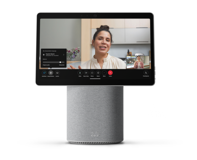 Woman on Webex Desk Mini With RoomOS 11 Update
