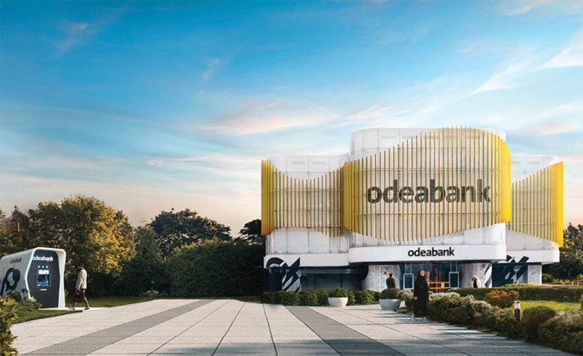 Front Of Odeabank HQ With People Walking Around