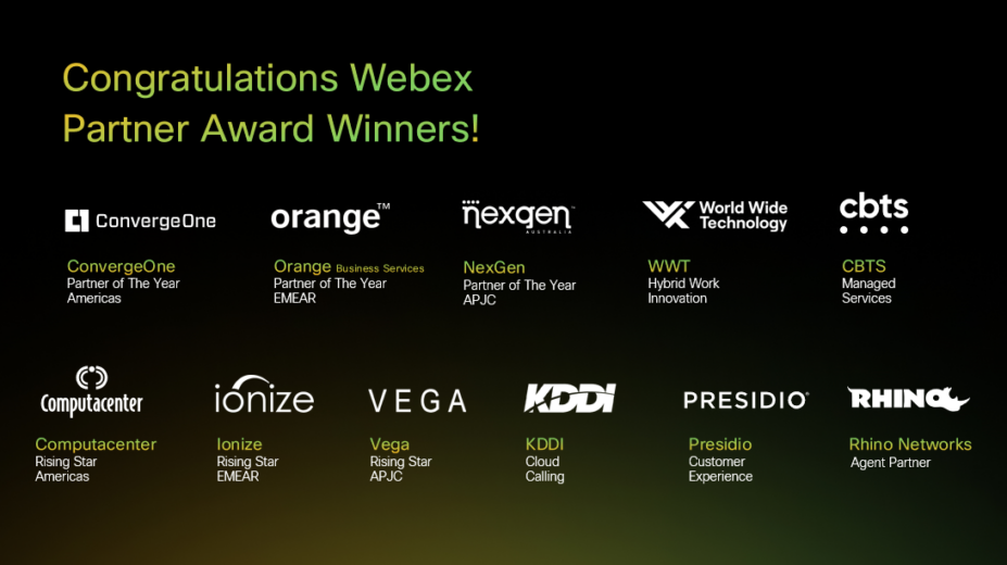 WebexOne 2022 Partner Award Winners: Orange, Vega, Ionzie, KDDI, Flexgen, Computa