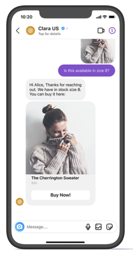 Iphone affichant une réponse automatique de Clara US à l'aide de l'intégration Webex Connect
