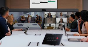 A hybrid team meets in one of the many collaboration rooms in Cisco’s redesigned New York office.