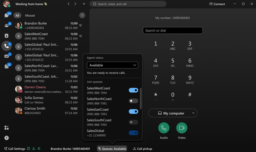 This Agent UX view shows agent status, queue availability, recent call history, and dial pad.