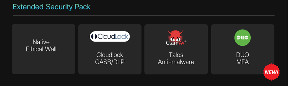 Webex Extended Security Pack With: Native Ethical Wall, Cloudlock CASB, Talos Anti-malware, And Duo MFA