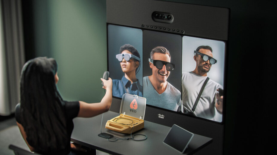 Woman Using Webex Hologram To Talk To Three Men Wearing AR / VR Headsets