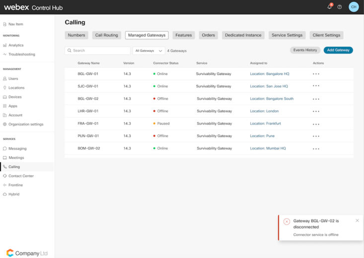 Control Hub's Webex Calling Screen, Showing Gateway Alert Popup