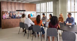 Office Space With Webex Room Bar Pro Present And Being Used To Video Conference Additional Employees