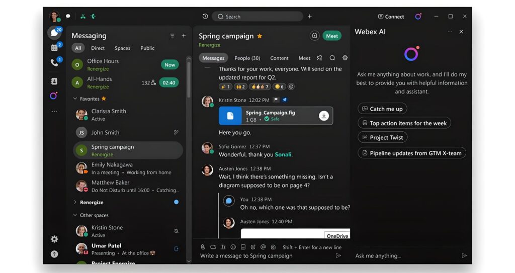 Webex Messaging Homepage, Part Of The Webex Suite, With Webex AI Assistant Embedded On The Left