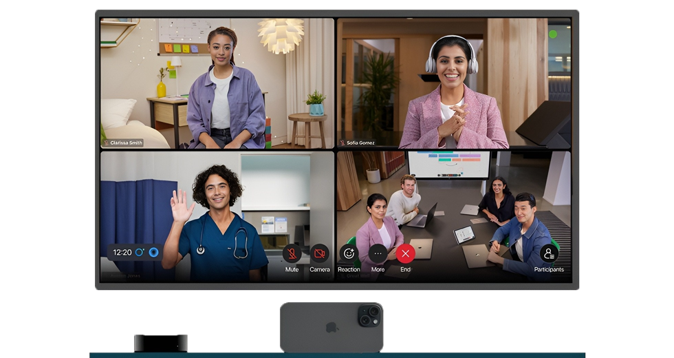 Apple TV And Iphone Displaying Webex Meeting With Four Participants