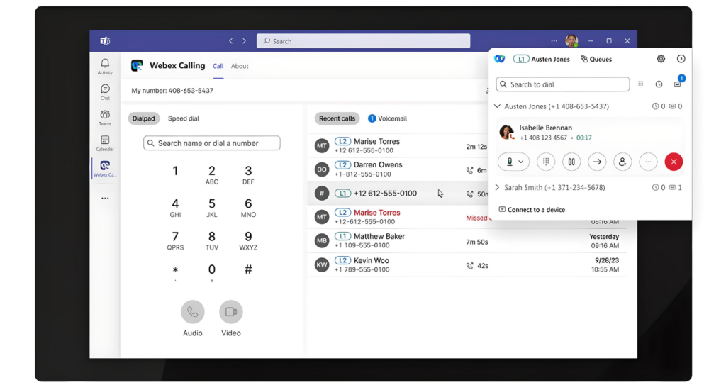 Webex Calling for Microsoft Teams ユーザーインターフェース