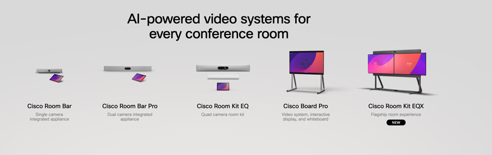 Webex Room シリーズデバイス：Cisco Room Bar、Cisco Room Bar Pro、Cisco Room Kit EQ、Cisco Board Pro、Cisco Room Kit EQX