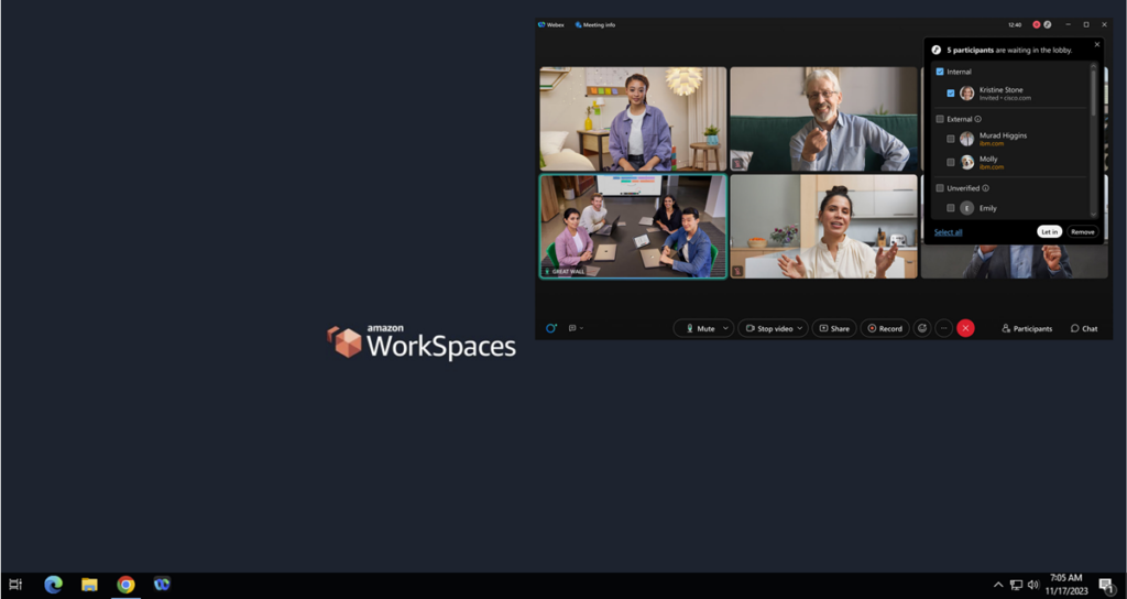 Amazon Workspaces Thin Client On Desktop With Webex Meetings Picture-in-Picture Screen Widget In Top Right Corner
