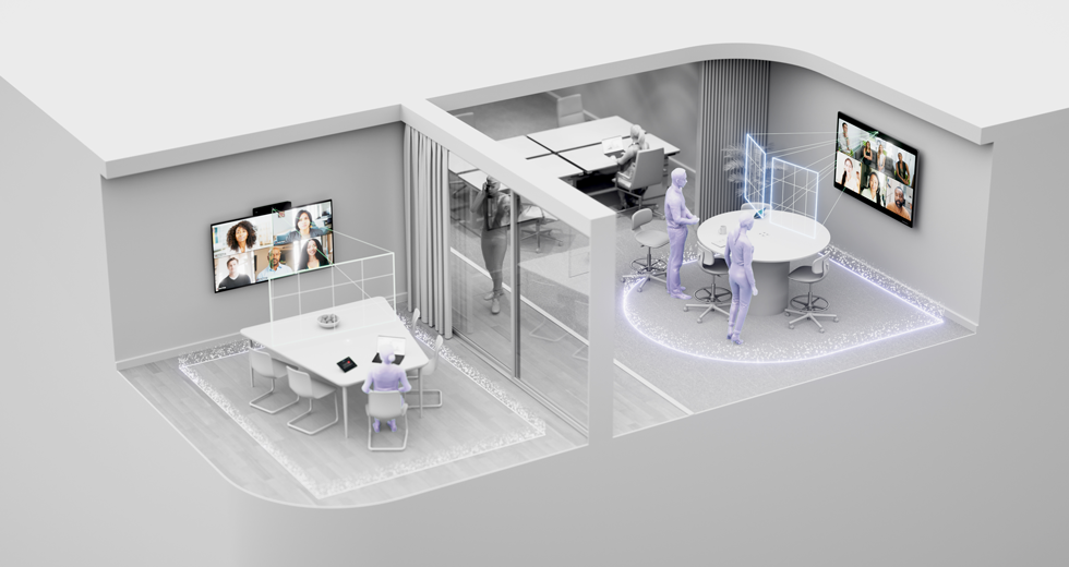 Graphic Depicting Webex Meeting Zone With Webex Room and Board Collaboration Devices In Conference Room
