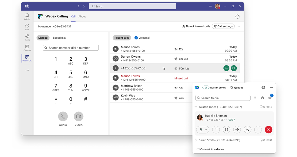 Two Widgets: One Showing The Microsoft Teams Calling Page With Option To Call Using Webex And The Other Showing A Contact Card With Additional Options