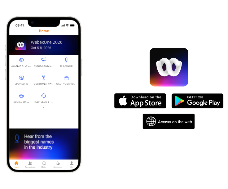 WebexOne 2026 mobile app displayed alongside options to download it from the App Store or Google Play, or access it on the web.