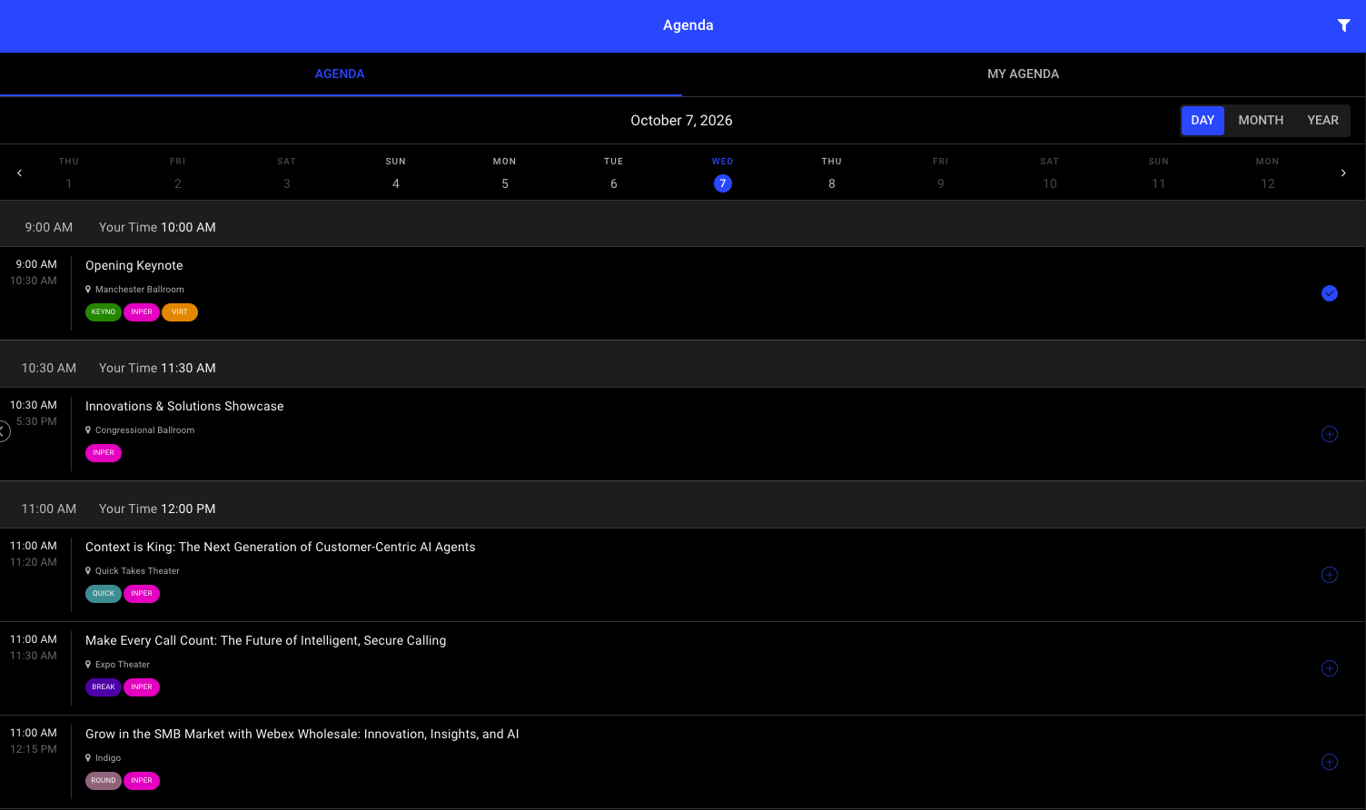 WebexOne 2026 app agenda showing sessions by date and time, with options to add them to a personal agenda.