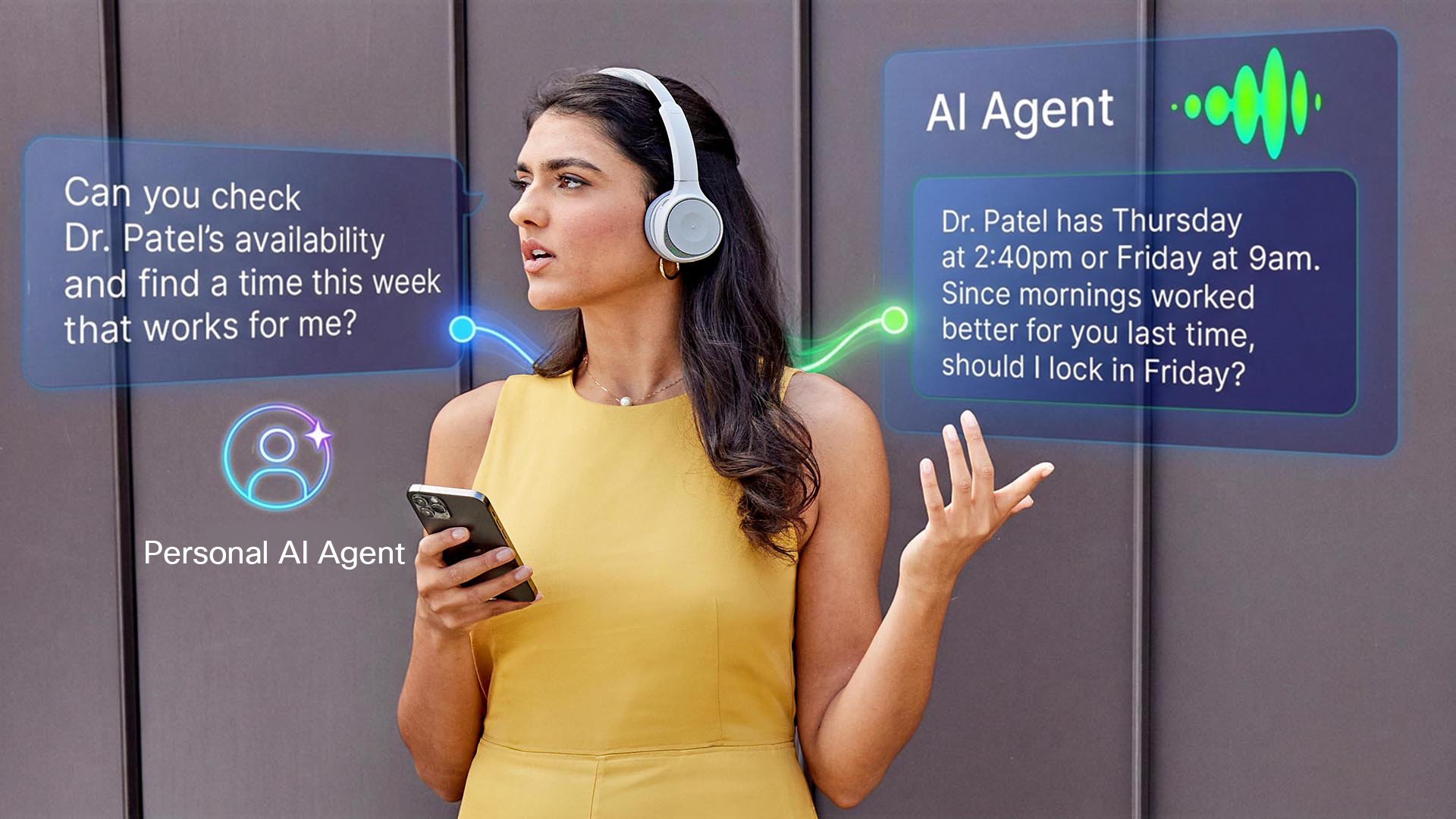 A woman uses her phone as an AI agent checks Dr. Patel’s availability and suggests a Friday morning appointment based on her preferences.